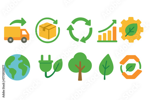 Eco-friendly, sustainability flat icon set. Environment, recycling, green energy icons.