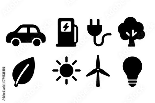 Eco-friendly solid icon set: sustainable, renewable energy, nature, electric, solar