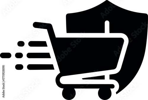 Vector black shopping cart with motion lines and a shield in the background representing secure delivery services
