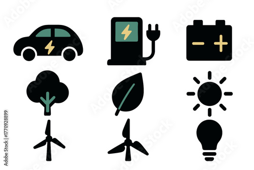 Electric vehicle and renewable energy solid icon set. Eco-friendly symbols collection