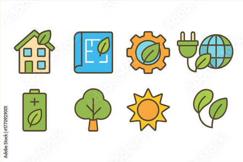 Eco-friendly, sustainability flat icon set for green energy and nature projects