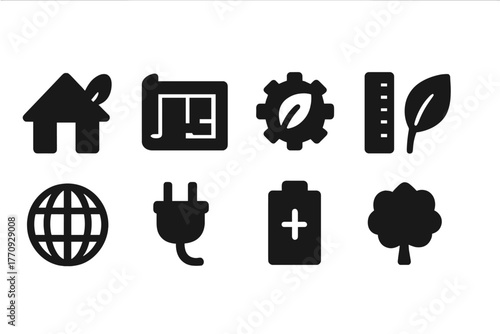 Sustainable energy solid icon set. Eco-friendly elements collection in black silhouette.