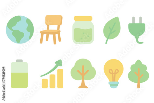 Eco, sustainability flat icon set. Environment, renewable resources and energy icons