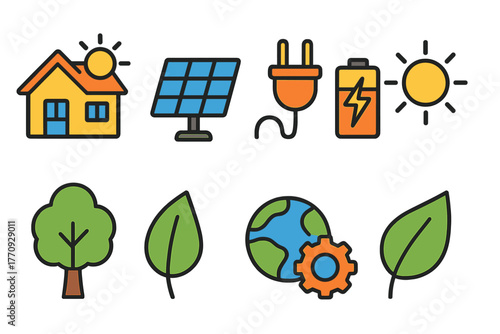 Renewable energy icon set. Eco-friendly and sustainable icons in flat style
