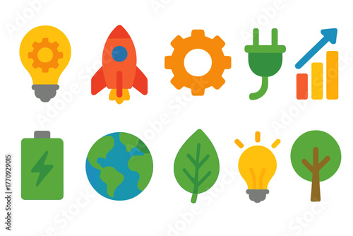 Energy and technology flat icon set. Innovation, eco-friendly, renewable energy icons.