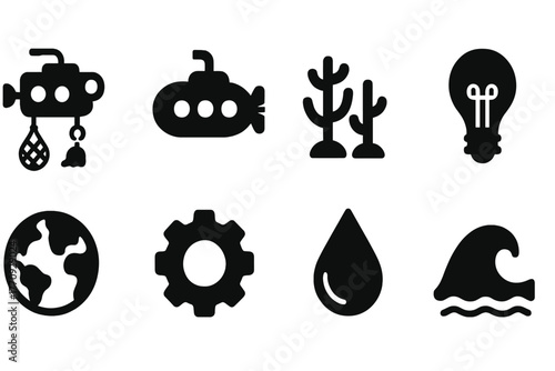 Nautical and nature solid icon set: submarine, earth, water, and tree icons