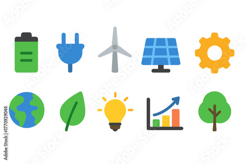 Eco-friendly, energy, sustainability flat icon set: renewable, green energy icons collection