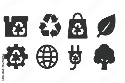 Recycling and environment solid icon set. Eco-friendly, sustainability icons collection