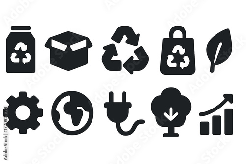 Ecology and environment solid icon set. Recycle, green energy, sustainability icons