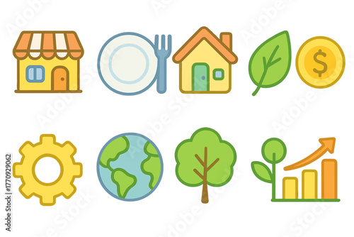 Food and household flat icon set. Eco-friendly, sustainable living icons collection.