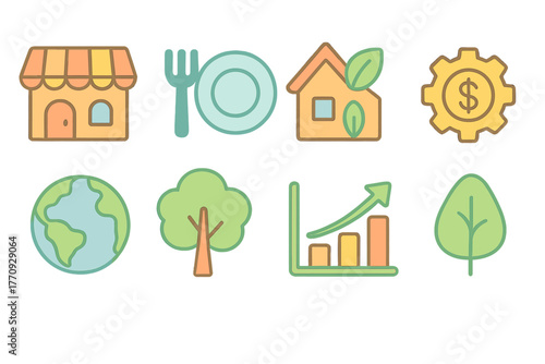 Eco-friendly, sustainable living flat icon set for environmental awareness