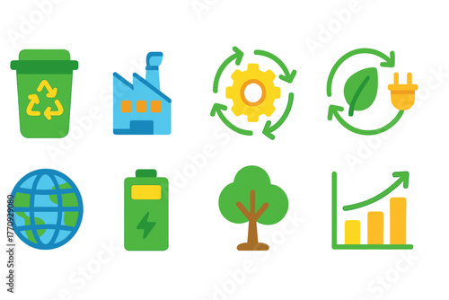 Environmental sustainability flat icon set. Eco-friendly, recycling, renewable energy icons.