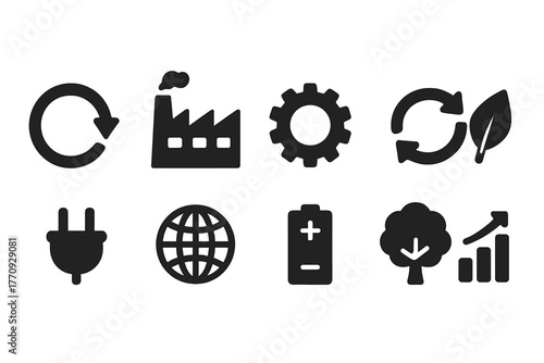 Eco and industrial solid icon set. Environment, energy, sustainability symbols