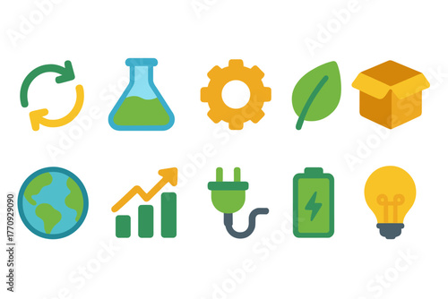 Environment and sustainability flat icon set. Eco-friendly, renewable energy icons.