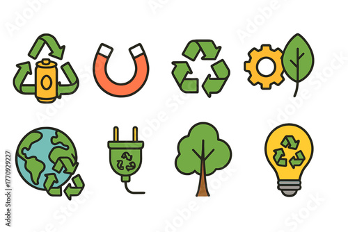 Recycling and sustainability flat icon set. Green energy and eco-friendly symbols
