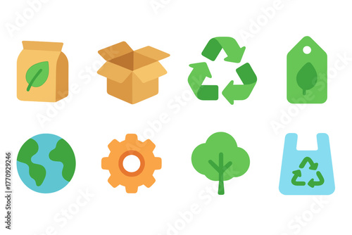 Eco recycling flat icon set. Environment, sustainability, green icons collection