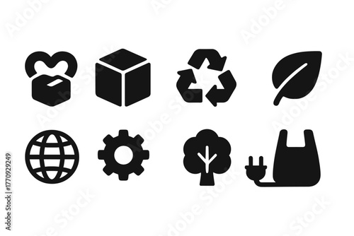 Eco, sustainability solid icon set. Environment, nature conservation symbols collection