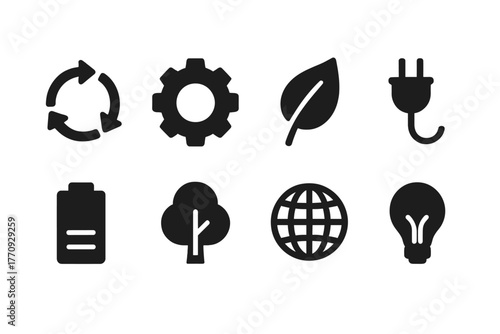 Eco-friendly, sustainability solid icon set. Energy, environment icon collection