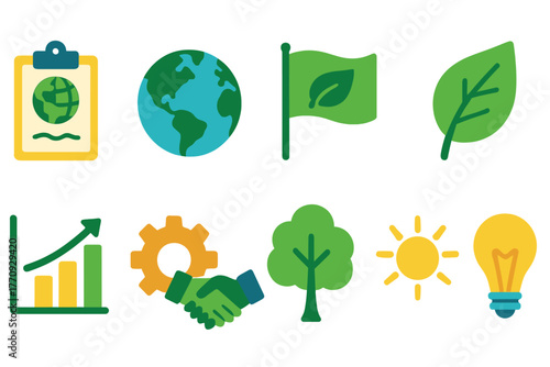 Environment and business flat icon set for sustainable growth and eco-friendly projects