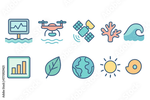 Environment and technology flat icon set. Eco, tech, nature, data symbols collection