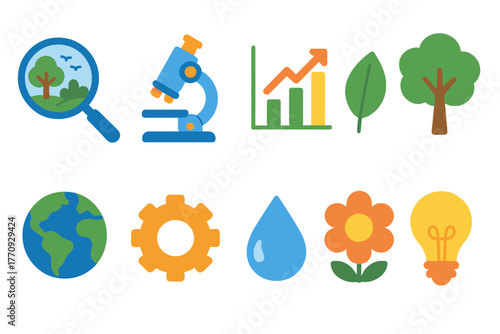 Ecology and science flat icon set. Environment, nature, and research icons collection