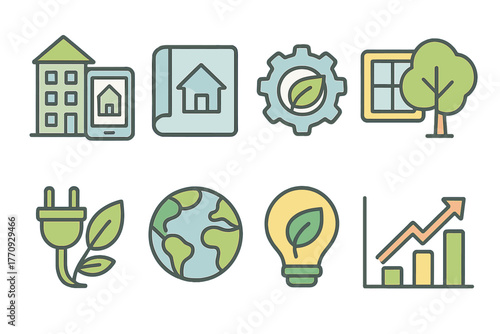 Eco-friendly home icon set. Sustainable living, environment icons outline collection