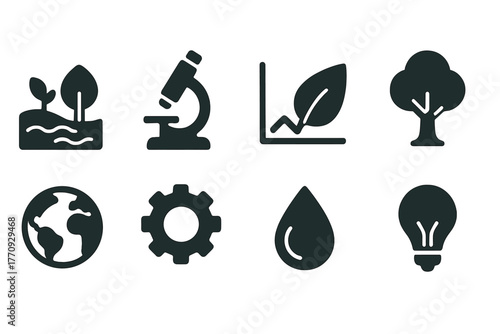 Eco and science, technology solid icon set. Nature, environment, innovation symbols.