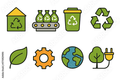 Recycling and sustainability icon set. Eco-friendly, outline icons for green initiatives