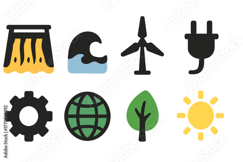 Renewable energy flat icon set. Solar, wind, and eco-friendly icons collection