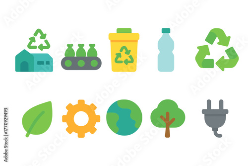 Recycling and sustainability flat icon set. Eco-friendly, green, environment icons.