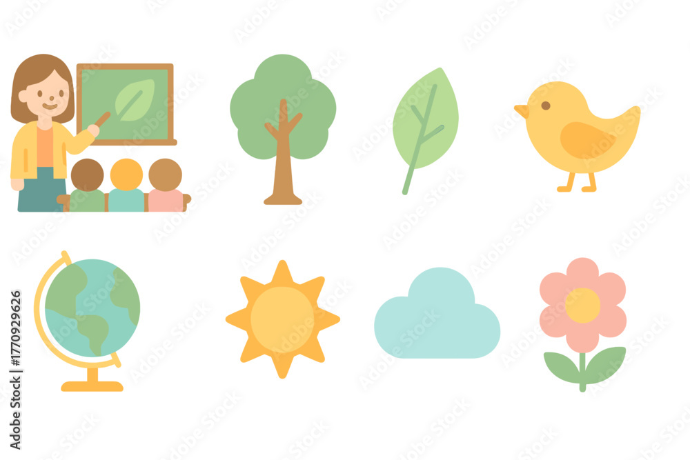 Fototapeta premium Education, nature flat icon set. Learning and environment icons collection