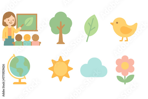 Education, nature flat icon set. Learning and environment icons collection
