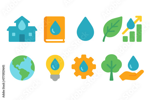 Save water flat icon set for conservation, sustainability, and eco-friendly projects