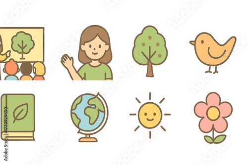 Education flat icon set. Learning, school, nature, and kids icons flat collection