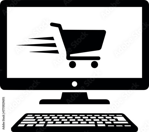 Vector illustration of a computer with a shopping cart on the screen implying online shopping concept design