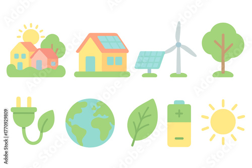 Eco-friendly, sustainability flat icon set. Renewable energy, nature flat icons collection.