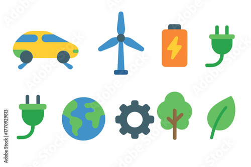 Eco, renewable energy flat icon set. Sustainability, green technology icons collection