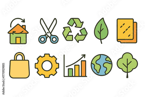 Eco-friendly flat icon set. Sustainability, recycling, green energy flat icons.