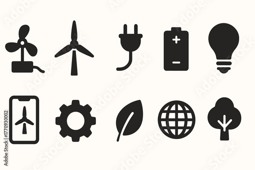 Renewable energy solid icon set. Sustainable, eco-friendly symbols collection