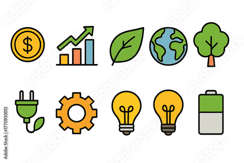 Eco-friendly green energy icon set. Sustainable, renewable energy icons flat style