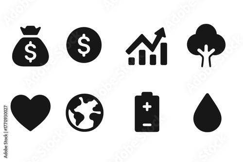 Finance and ecology silhouette icon set. Economics, environment, growth symbols.