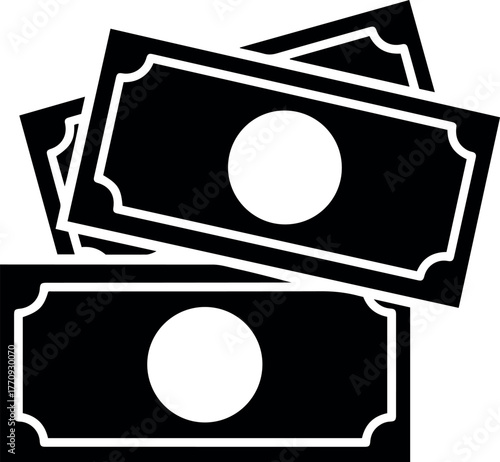 Vector illustration of a stack of three black and white banknotes with a circular design element on each bill displayed