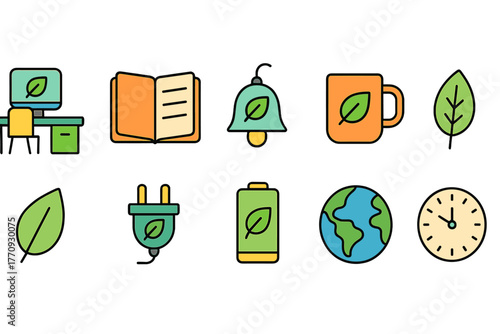 Eco lifestyle flat icon set. Sustainability, environment, green living icons collection