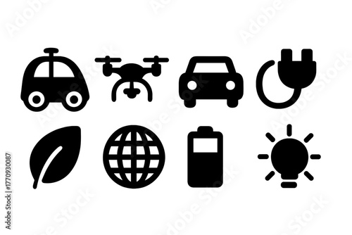 Electric vehicle, sustainability solid icon set. Eco-friendly, transportation icons collection