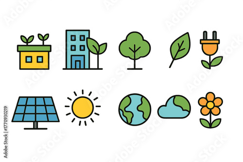 Sustainable energy outline icon set: eco-friendly symbols, renewable resource icons
