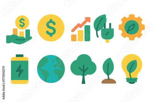 Ecology and energy flat icon set. Sustainable living, renewable resources collection