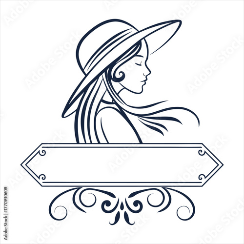 Elegant Woman with Hat Line Art Portrait Icon.