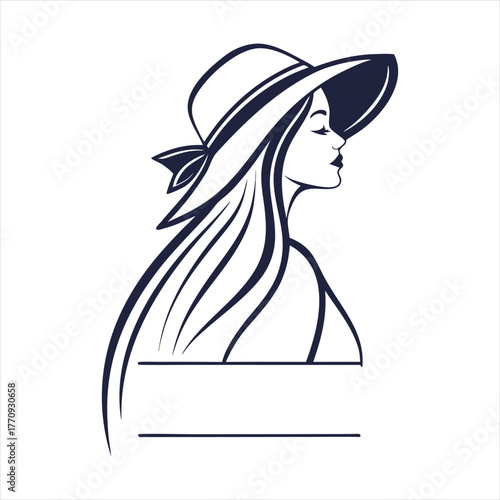 Elegant Woman with Hat Line Art Portrait Icon.