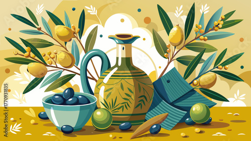 Very beautiful still life composition featuring an olive oil jug surrounded by a set of decorative olive branches with green leaves and ripe olives, elegant natural arrangement on a light background.