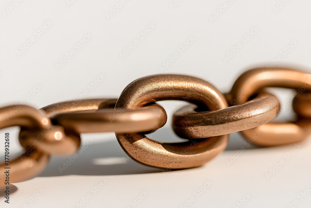 Fototapeta premium Close-up of interlocking copper chain links against a white background. The simple composition highlights the chain's form, texture, and metallic luster in a minimalist view.